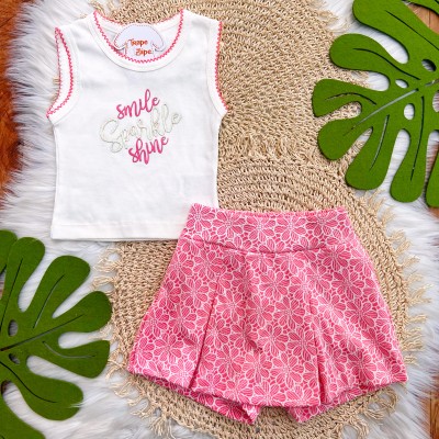 Conj. Regata Smile Sparkle e Short Saia - Off White e Rose